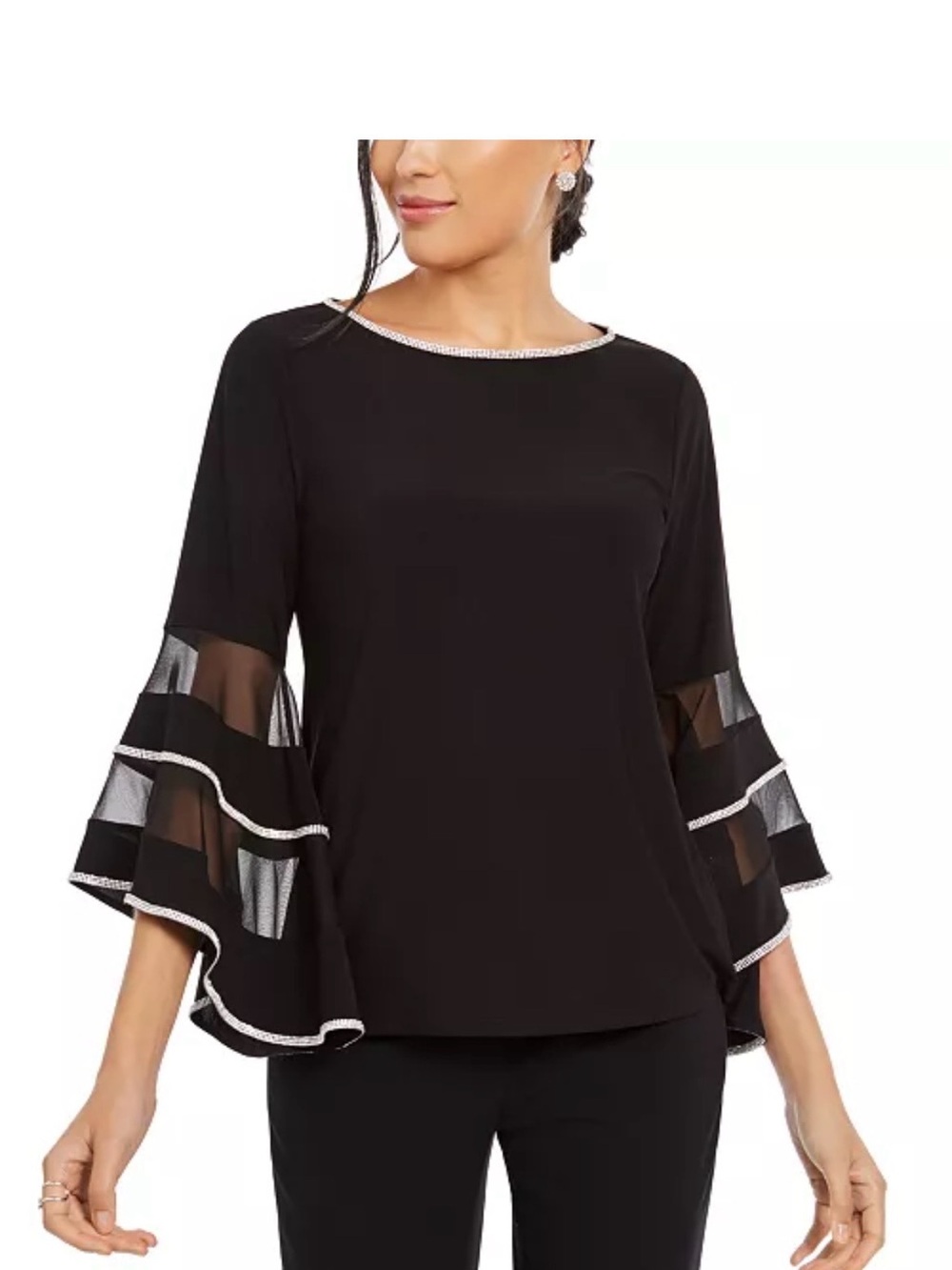 MSK Black Bell Sleeve Top with Sheer Panels and Silver Trim